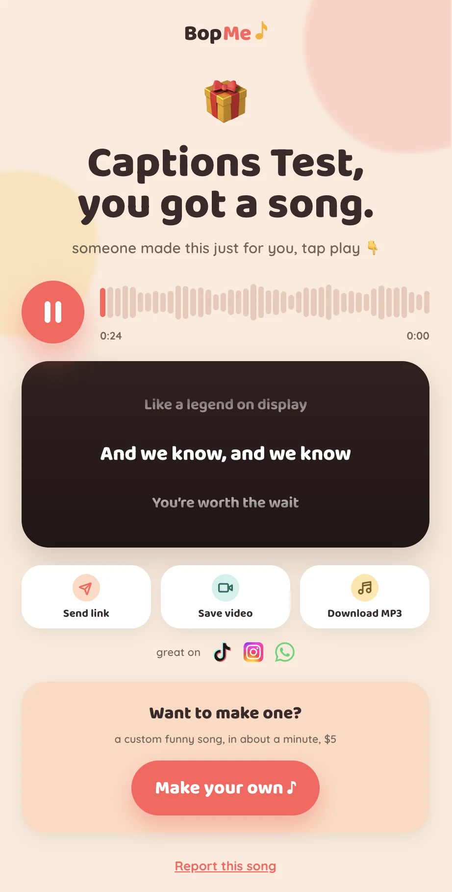 BopMe iPhone app showing a custom song in progress