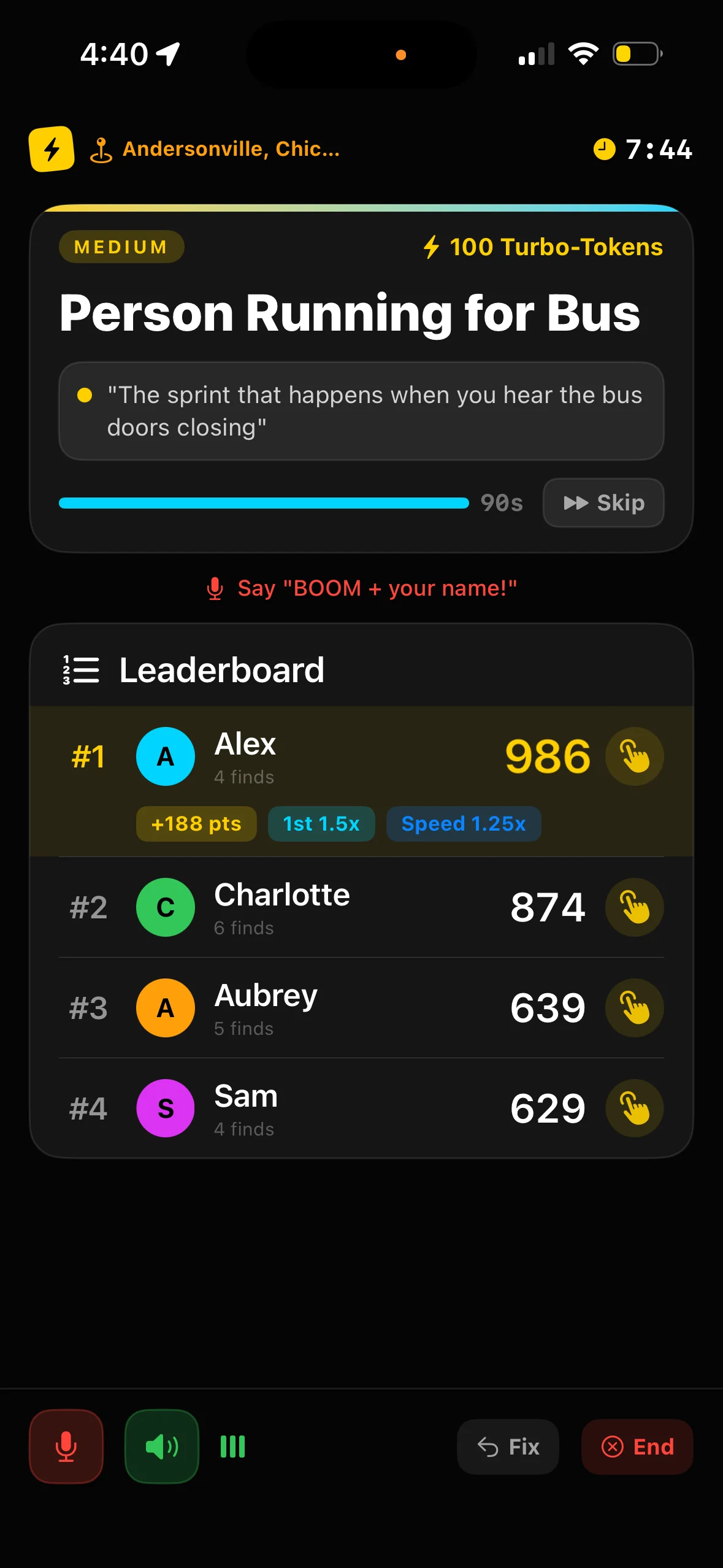 DashDashBoom iPhone gameplay showing AI-hosted scavenger hunt