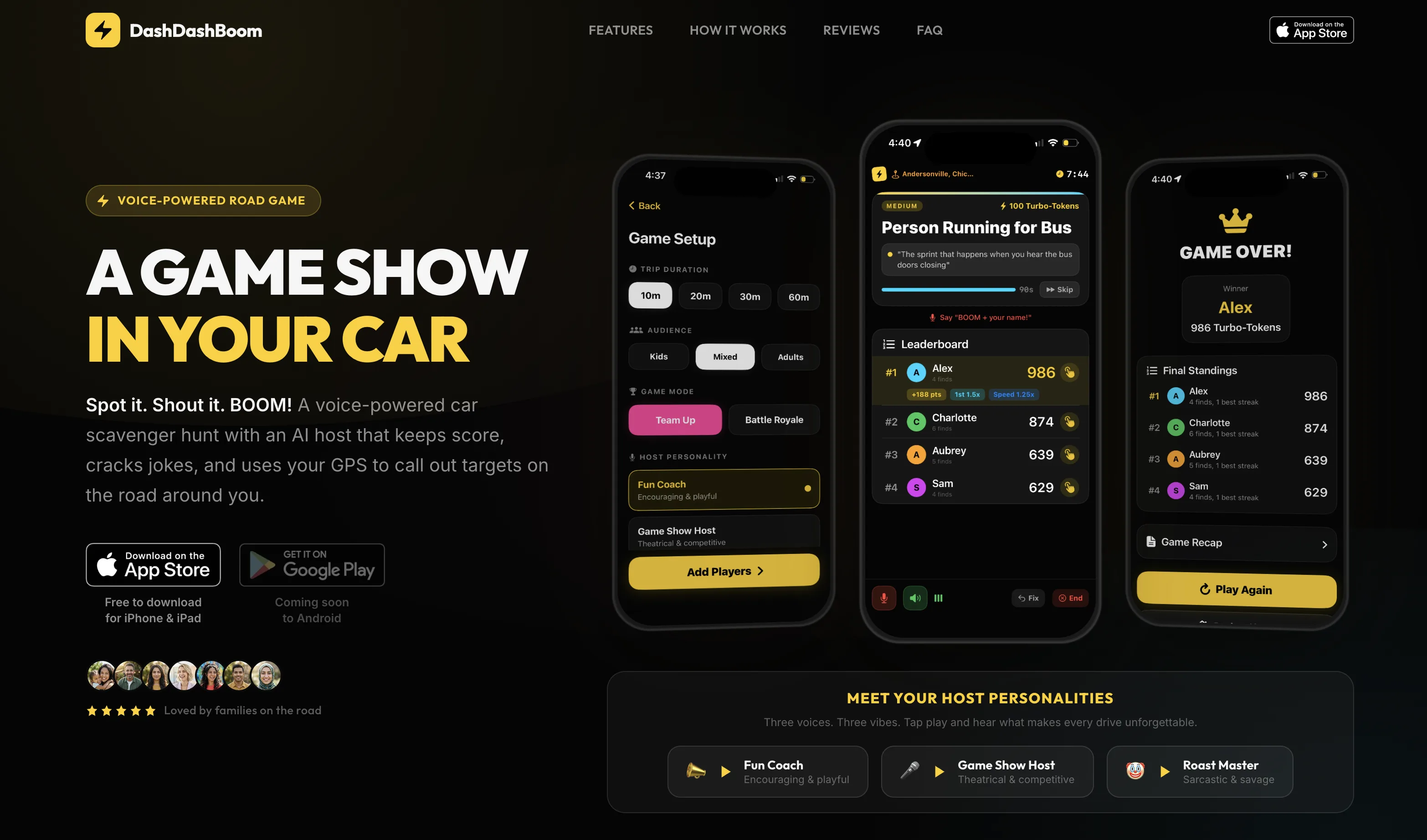 DashDashBoom — voice-powered car scavenger hunt game landing page