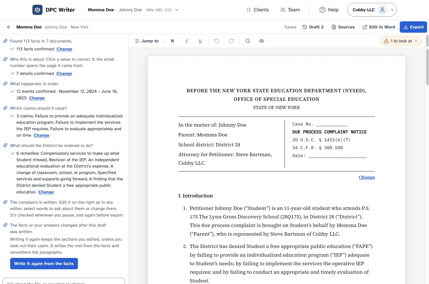 DPC Writer complaint editor with extracted facts and recommended claims