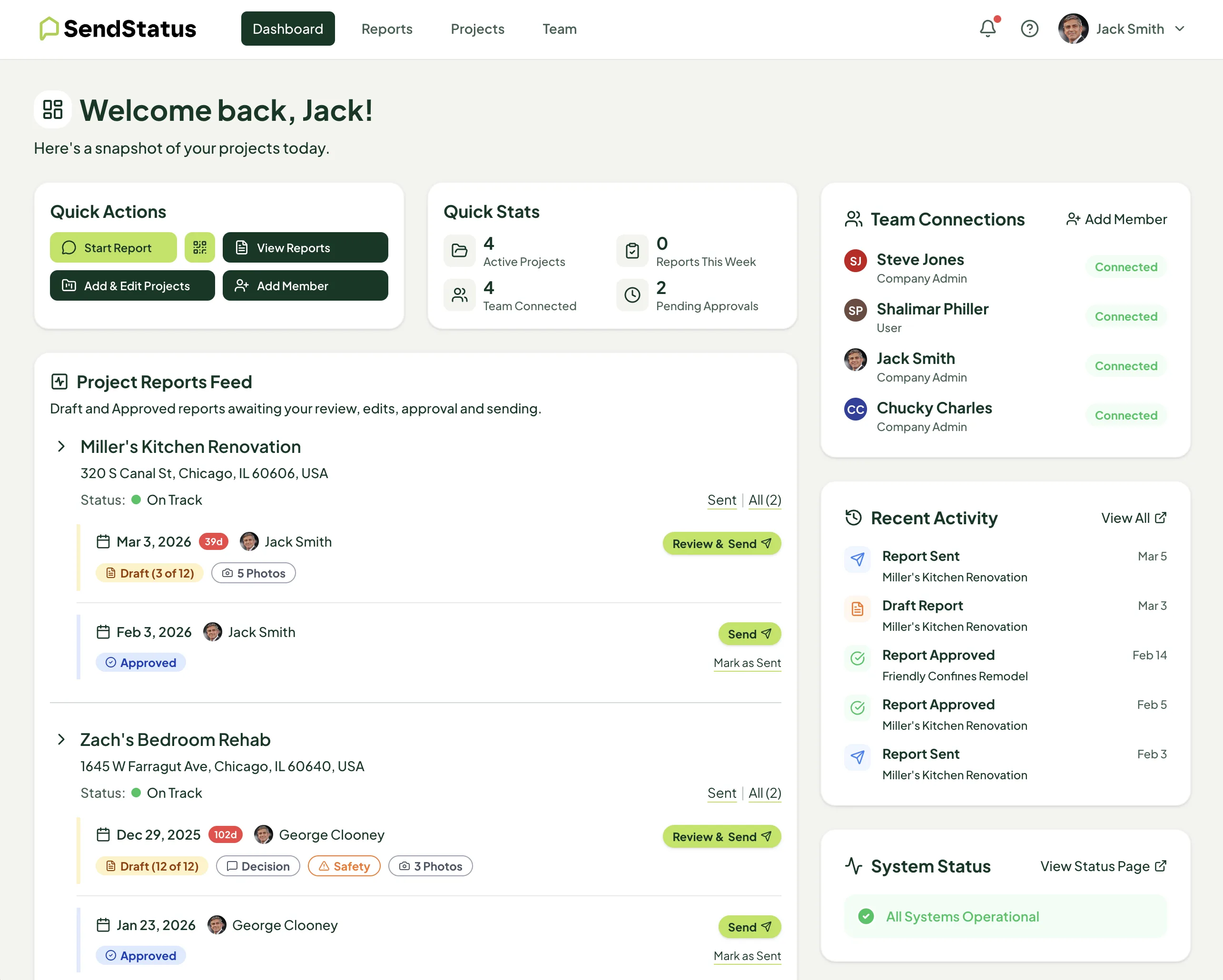SendStatus contractor reporting dashboard
