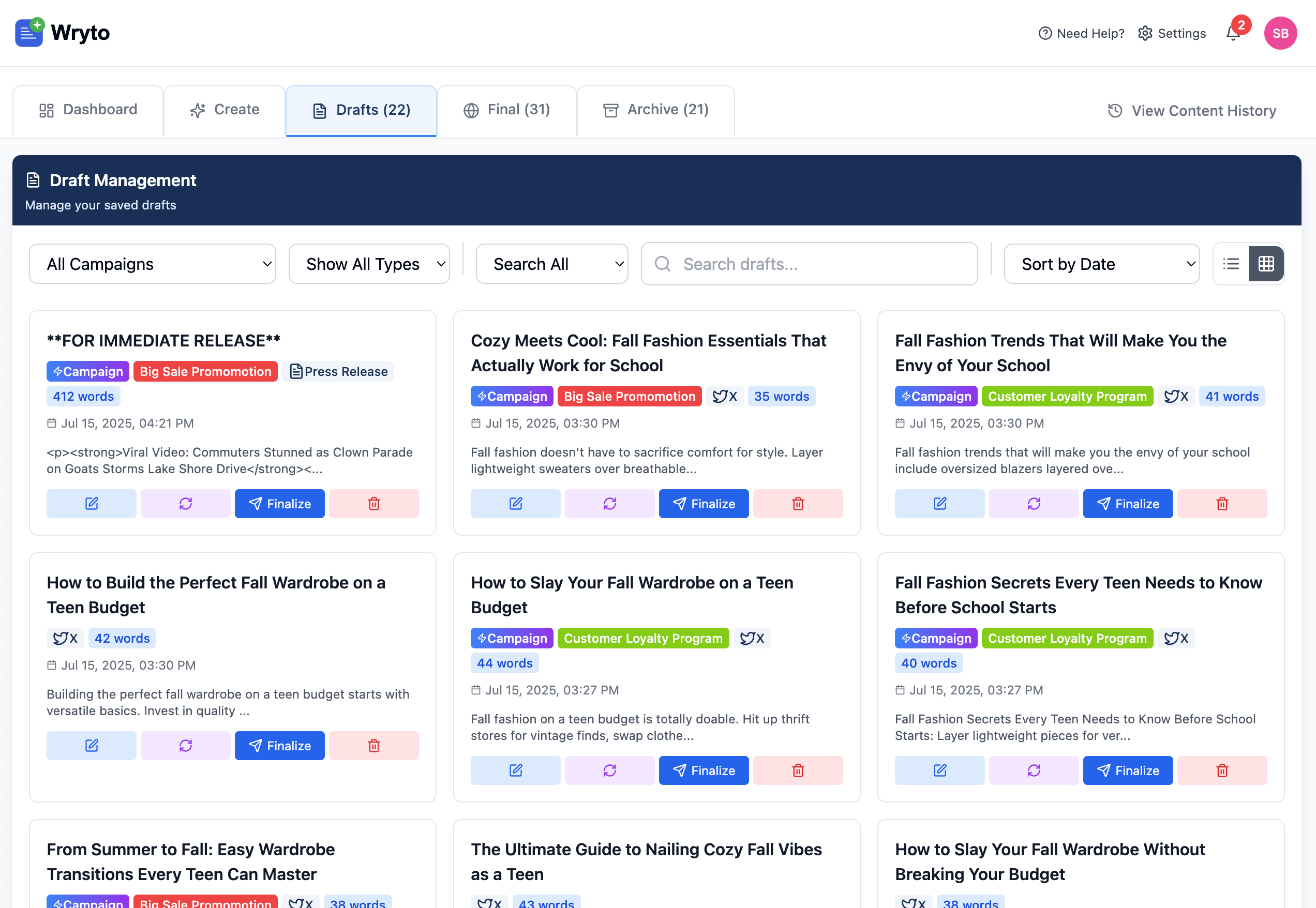 Wryto content management dashboard showing campaigns and analytics