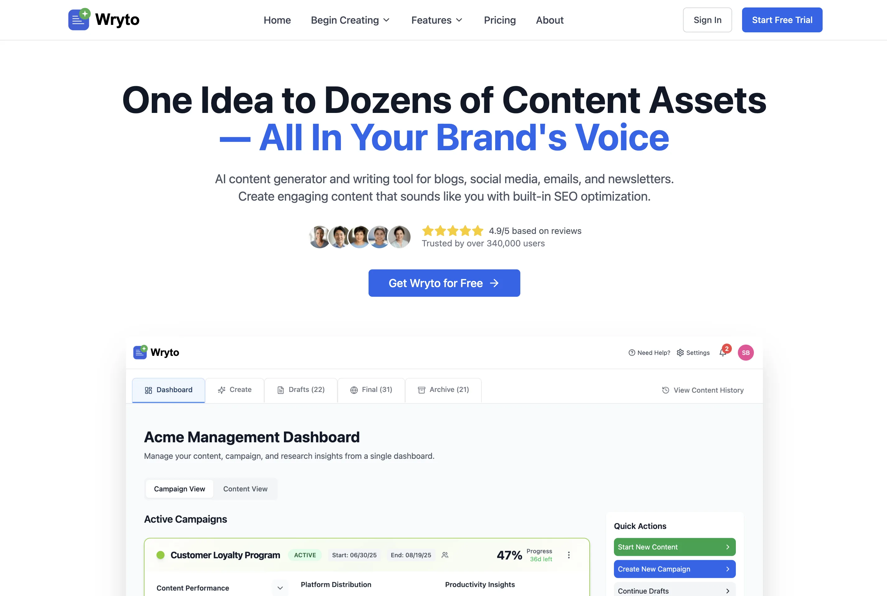 Wryto — AI content generator writing tool landing page